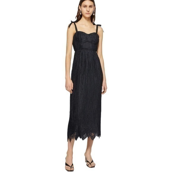 JONATHAN SIMKHAI Black Bonnie Silk Lace Plisse Midi Dress Size 8 - Picture 1 of 13